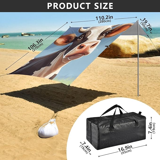 ALAZA Cow Portrait Beach Tent Sun Shelter Portable Canopy Sunshade for Outdoor Camping Picnics Backyard Fun 10x9 ft