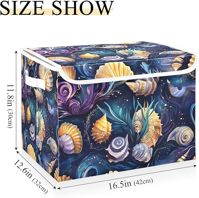 Fantastic Sea Shells Storage Cube Bins Basket with Lid Collapsible Flip-top Fabric with Handle for Home Bedroom Closet Office 16.5×12.6×11.8 in