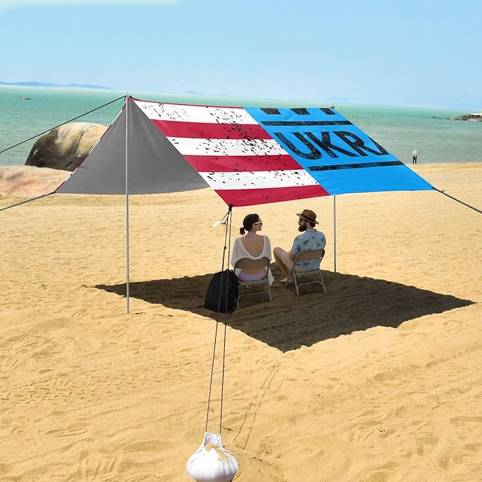 America Ukraine Flag Beach Tent UPF50+ Protection Waterproof Sun Shelter with Carrying Bag for Camping Trips Fishing Backyard Fun or Picnics