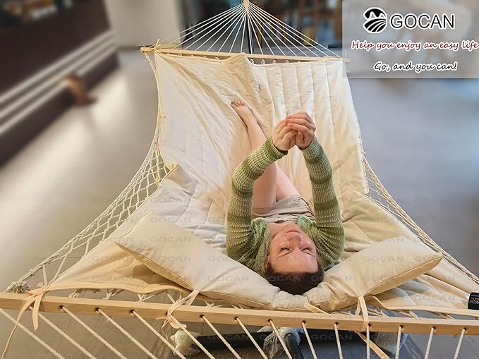 GOCAN Mesh HammockCotton rope hammocks with Pad Chains Hooks Tree Straps fit stands from 9' to 15' for outside indoor patio yard