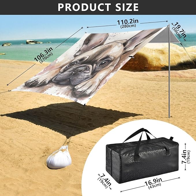 ALAZA Watercolor French Bulldog Playing Beach Tent Sun Shelter Portable Canopy Sunshade for Outdoor Camping Picnics Backyard Fun 10x9 ft