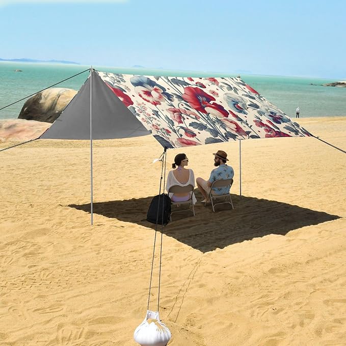 Sweet Pea Flowers Beach Tent Sun Shelter Set UPF50+ UV Protection 10.5 x 9.19 FT Camping Shade Canopy with Sandbags Sand Anchors Carrying Bag and Others