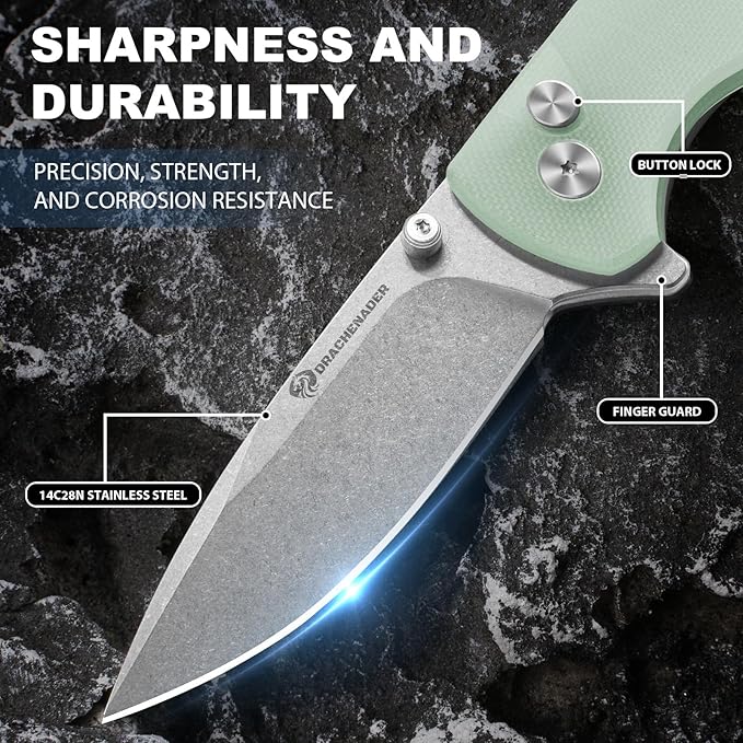 DRACHENADER 7.28 Y-M Pocket Knife for Men with Clip with 2.83 14C28N Steel Blade Button Lock with Safety Switch G10 Handle Sheath for EDC Camping Hiking