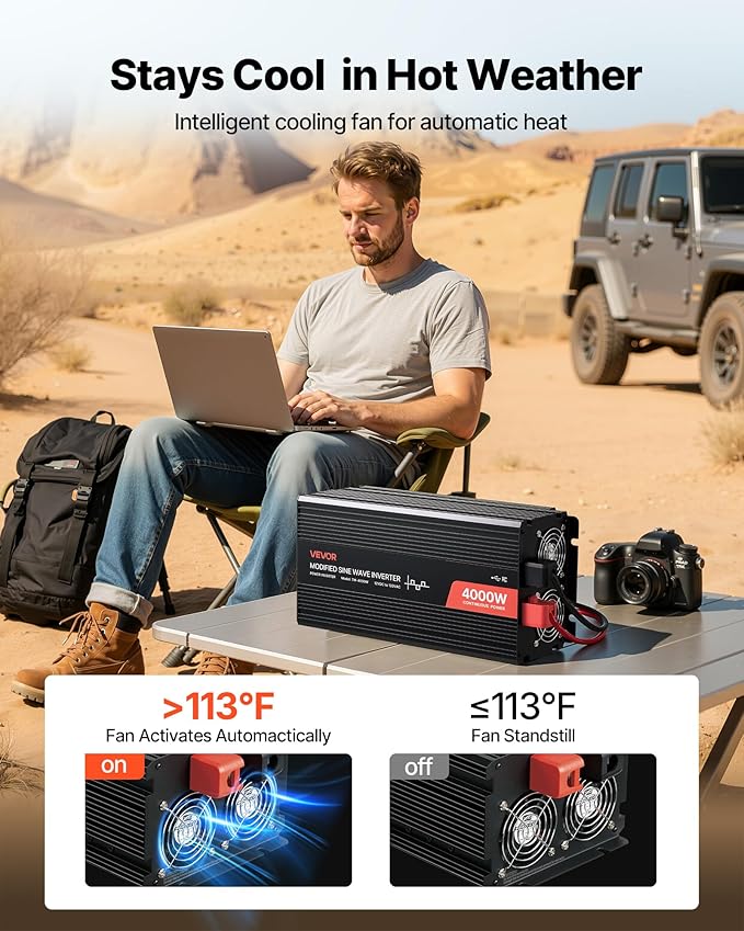 VEVOR 4000W Power Inverter 12V DC to 120V AC Modified Sine Wave Inverter Solar Car Charger Converter with LCD Display Remote Control 2 USB Ports 4 AC Outlets Type-C Port for RV Truck Outdoor