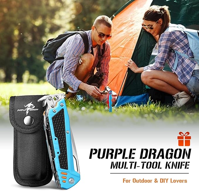 Purple Dragon Multitool13-in-1 Pocket Knife with SheathPerfect for Camping Hiking &amp Outdoor Use Gift for Men Dad Husband– Blue