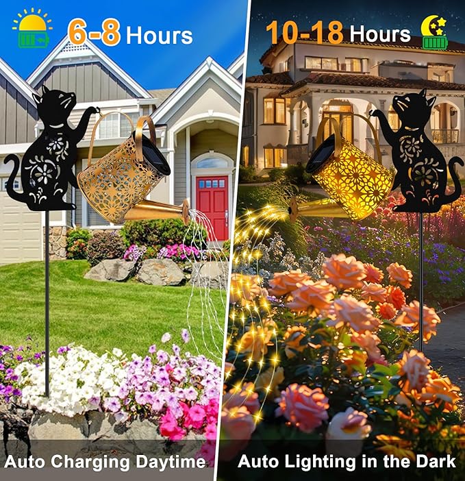 Solar Lights Outdoor Decorative Watering Can with Cascading Lights with Cat Silhouette Garden Stakes Waterproof Metal Garden Decor for Yard Art Outside Patio Lawn 2PACK