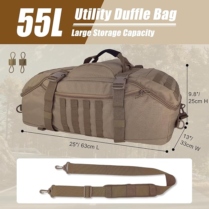 55L Large Travel Gym Duffle Bag Military Tactical Backpack Army Pack 3 Day Bug Out Bag Rucksack for Outdoor Sport Hiking Camping with Molle System Coyote