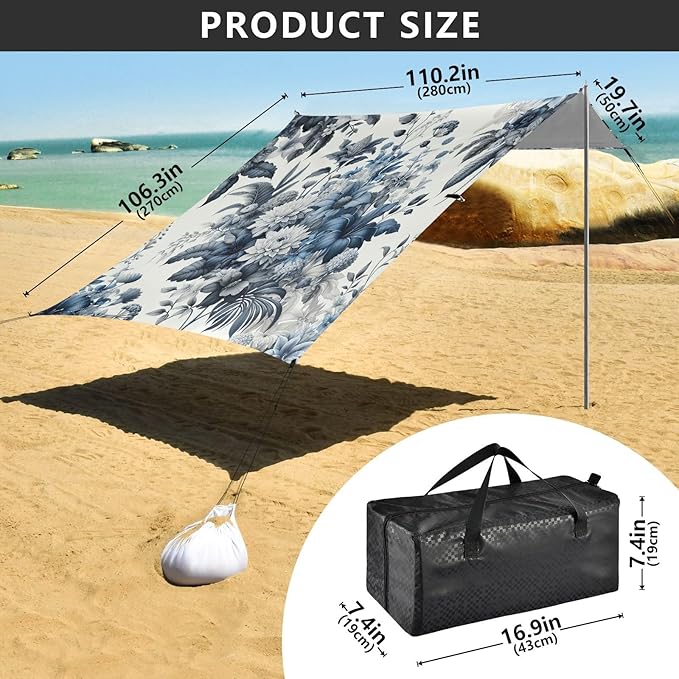 Exotic Flowes Blue Beach Tent Sun Shelter Set UPF50+ UV Protection 10.5 x 9.19 FT Camping Shade Canopy with Sandbags Sand Anchors Carrying Bag and Others