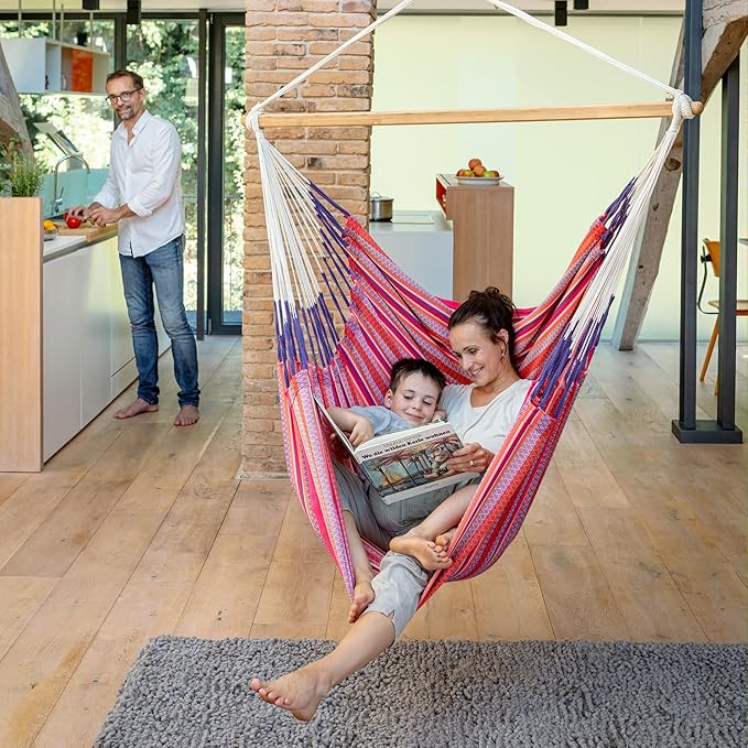 LA SIESTA - XL King Habana Cotton Hammock Swing - Indoor/Outdoor Boho Hanging Chair - Max 355 Lbs Flamingo