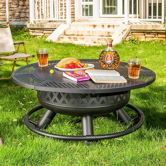 36 Inch Fire Pit with GrillWood Burning Fire Pits for Outside with Lid&amp Fire PokerRound Metal Firepit Table 3 in 1 with Cooking GrateOutdoor Firepits for Yard Patio Bonfire Camping(Black)