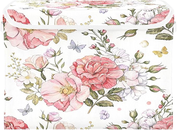 Flower Storage Bins with Lids Decorative Fabric Storage Boxes with Handles Closet Organizer Foldable Christmas Basket Baby Basket for Nursery Bedroom Office