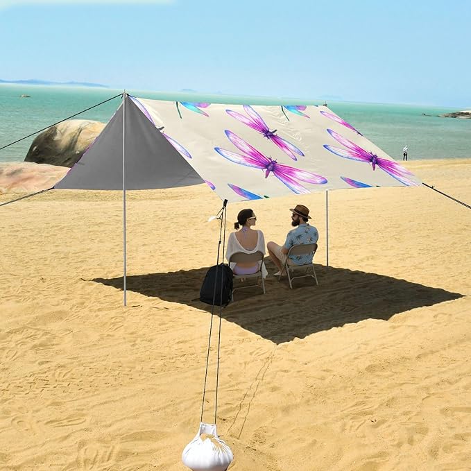 xigua Dragonflies Beach Tent Sun Shelter with Carrying Bag - Silver Coated Oxford Fabric Beach Canopy for Beach Camping Fishing - Includes Windproof Ropes Sandbags &amp Stakes