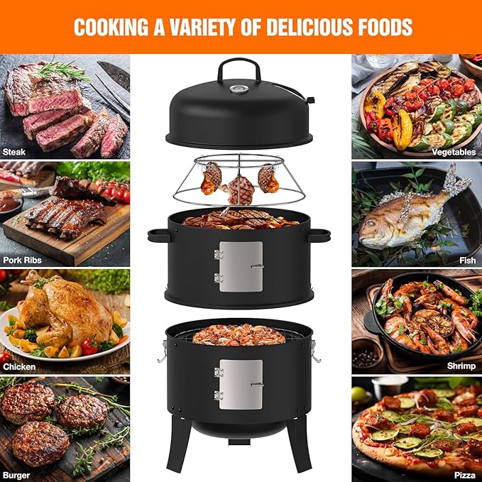 16 Charcoal Smoker 3 in 1 Heavy Duty Vertical Barbecue Grill Outdoor Fire Pit 402 Square Inches Cooking Area Versatile Outdoor Smoker Grill Black