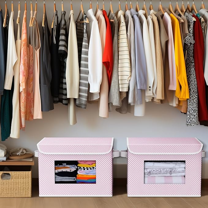 Univivi Fabric Foldable Storage Boxes [4-Pack] Large Collapsible Stackable Storage Bins with Lids Closet Organizers and Storage Cube Basket for Home Office Bedroom (Pink 17”x 12” x 12”)