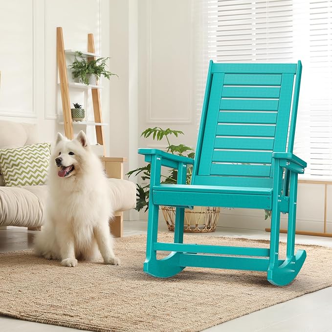 GREENVINES Outdoor Rocking Chairs | Set of 2 | Porch Rocker | HDPE Plastic | Aqua | Oversized Rockers | High Back | Big &amp Tall | Ladder Back | for Patio Outside Backyard Balcony Garden