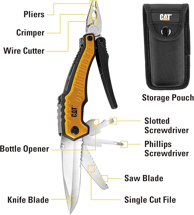 Caterpillar Multi Function Tool 9-in-1 X-Large Long Nose Pliers Wire Cutter Knife Bottle Opener Screwdriver Saw Blade with Pouch - Yellow 980045