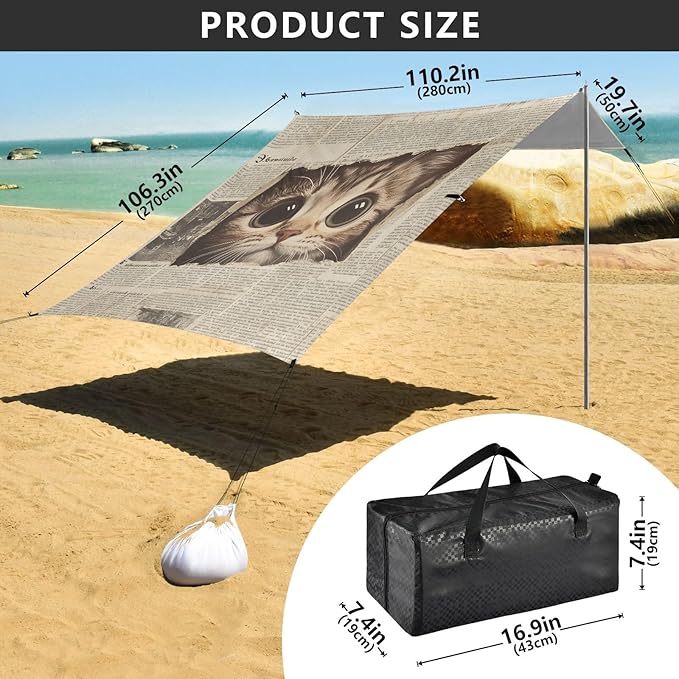 ALAZA Cat Newspaper Beach Tent Sun Shelter Portable Canopy Sunshade for Outdoor Camping Picnics Backyard Fun 10x9 ft
