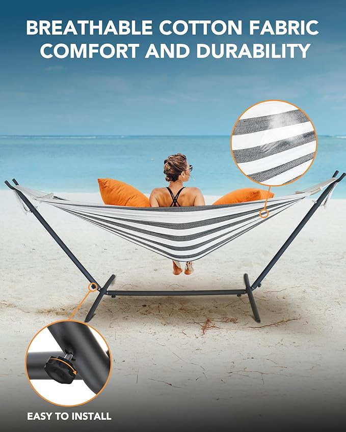 Everyfun Hammock with Heavy-Duty Steel StandPortableEasy Assembly600lbs Weight CapacitySuit for IndoorYardCampingor OutdoorBlack White