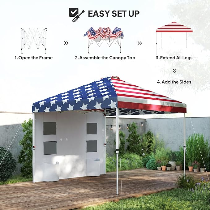 10x10 Pop Up Canopy Tent with Strong Aluminum Pole Perimeter Sidewalls Compartment Pockets Height Adjustable American Flag Pattern Embellishment