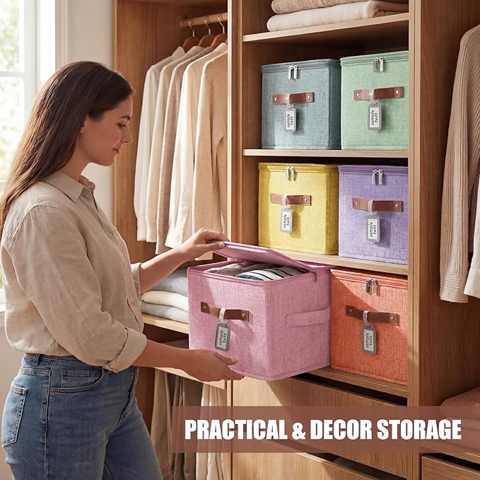6 Pack Fabric Closet Storage Bins with Zipper Lids and Label 10×8×7In Large Foldable Cotton Linen Storage Cubes with Leather Handles for Nursery Pink Purple Blue Green Yellow Orange
