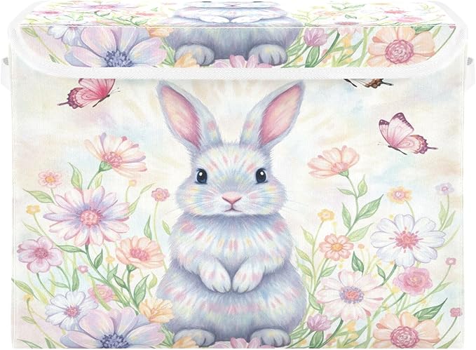 Bolaz Happy Easter Day Bunny Eggs Spring Flowers05 Storage Bins with Lids and Handles Foldable Storage Box Storage Basket with Cover Collapsible Organizer Containers for Home Closet Shelves