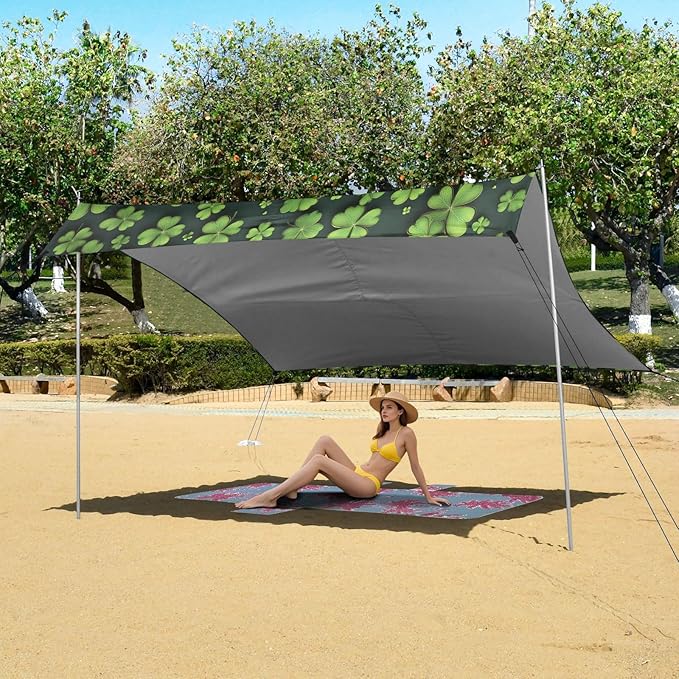 St Patrick's Day Bow Clover Beach Tent Sun Shelter Set UPF50+ UV Protection 10.5 x 9.19 FT Camping Shade Canopy with Sandbags Sand Anchors Carrying Bag and Others