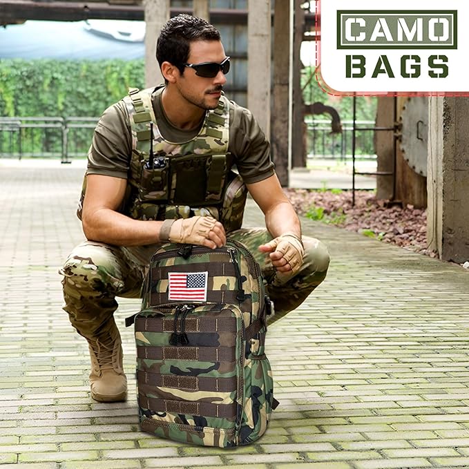 Camo Tactical Daypack Backpack - 1000D Polyester Tactical Backpack with Multi Compartments Air-Mesh Padded Back Side Compression &amp Adjustable Shoulder Straps - Travel Backpack Use for Outdoor &a