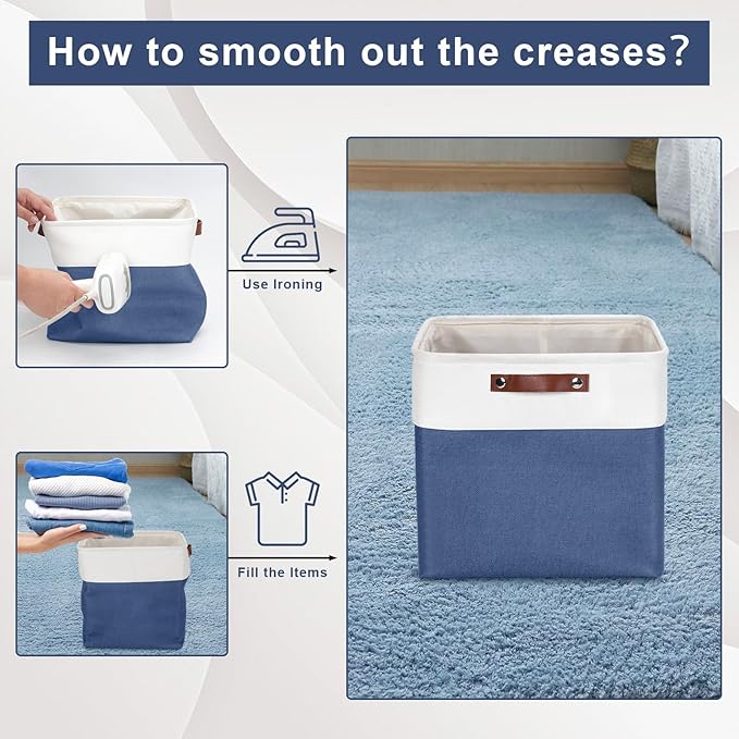 13x13 Cube Storage Bins Collapsible Fabric Storage Box 4 Pack Closet Baskets with Handles for Organizing Shelf Toys Clothes Home Office Nursery (NavyBlue&ampWhite)