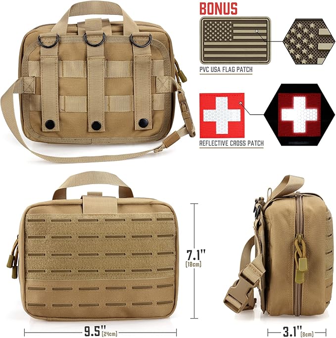 LIVANS Tactical Molle Medical Pouch - Upgraded Size Large Capacity IFAK Pouch with Detachable Quick Release and Headrest Mount Includes Flag and Cross Patch