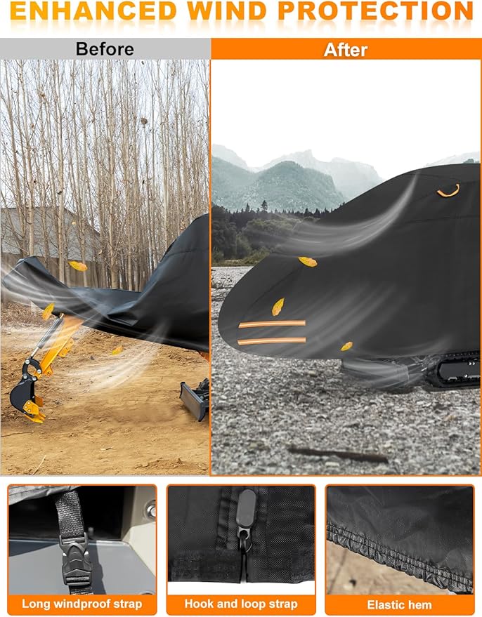 Mini Excavator Cover Fits 2000-3000 lbs Models 420D Waterproof Zippered Excavators Cover Compatible with Kubota K008-3/Bobcat E10/CAT 300.9D/Takeuchi TB210R UV Dust Snow Rain Protection Small