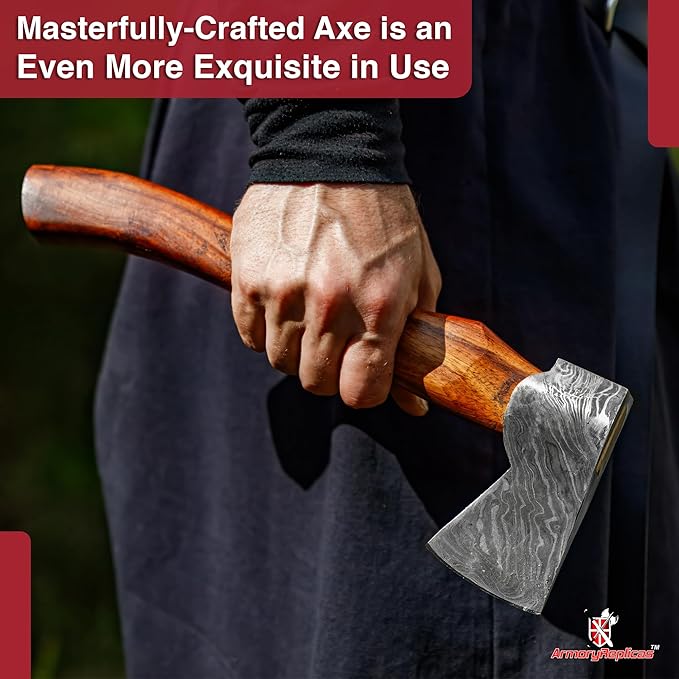 Armory Replicas™ Hand-Forged Damascus Steel Axe with Sheesham Wood Handle &amp Leather Sheath – 11.5 Compact Camping Axe