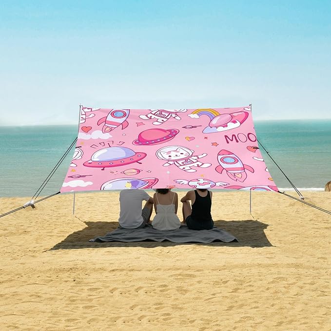 Beach Canopy with Windproof Ropes &amp Sandbags Beach Tent Sun Shade Sun Shelter for Camping Trips Fishing Backyard Fun or Picnics Space Cats