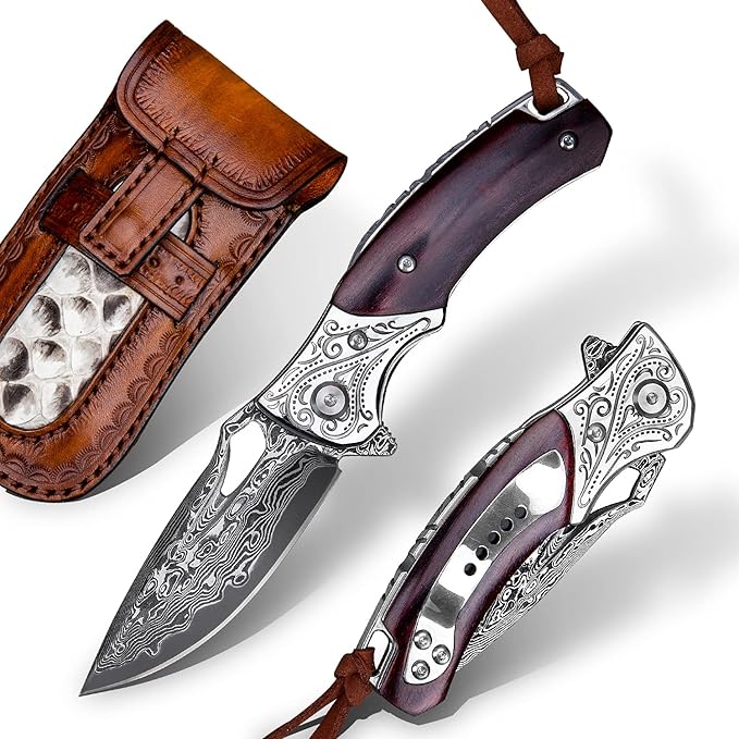 Handmade Damascus Steel Flipper Folding Knife with Pocket Clip Liner Lock Tactical Knife for Camping Hunting Fishing and EDC