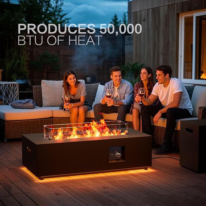 42 Outdoor Fire Pit Table 50000 BTU Gas Fire Pit with Glass Wind Guard Fire Stones Waterproof Cover Propane Fire Pit Table for Outside Patio (Warm Light Black)