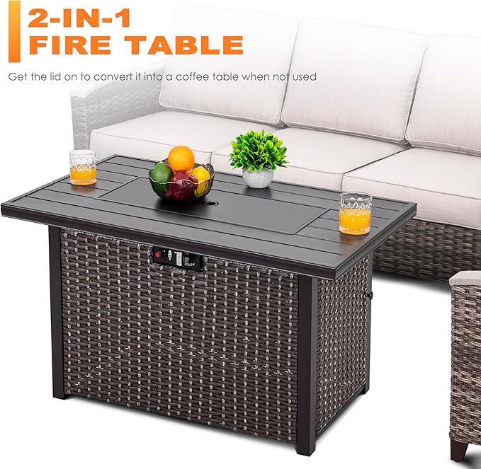Nuu Garden 43 Propane Fire Pit Table 50000 BTU CSA Certified Outdoor Gas Fire Pit with Aluminum Tabletop Removable Lid 7 lbs Glass Rocks &amp Waterproof Oxford Cover Brown