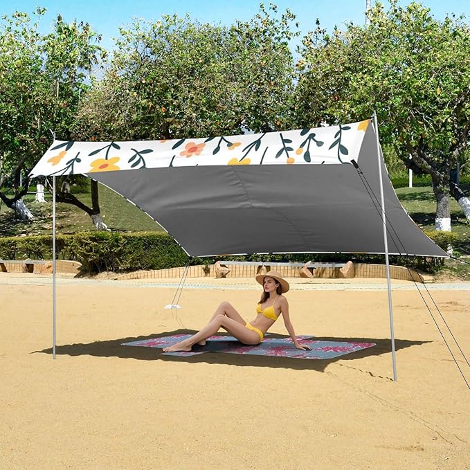 Little Yellow Flowers Stable Beach Tent UPF50+ Water-Resistant Large Portable Sun Shelter with Sandbags &amp Sand Shovel for Camping Fishing Backyard Fun