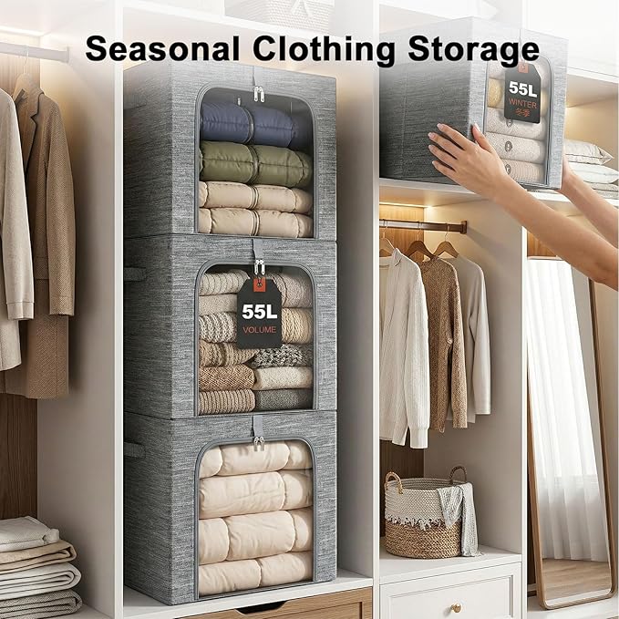 GoMaihe Clothes Storage Bins Metal Frame: 55L Extra Large Stackable Closet Storage Bin with Lid &amp Clear Window Heavy Duty Blanket Box for Winter Coats Comforters (Fits Deep Closet 4-Pack)