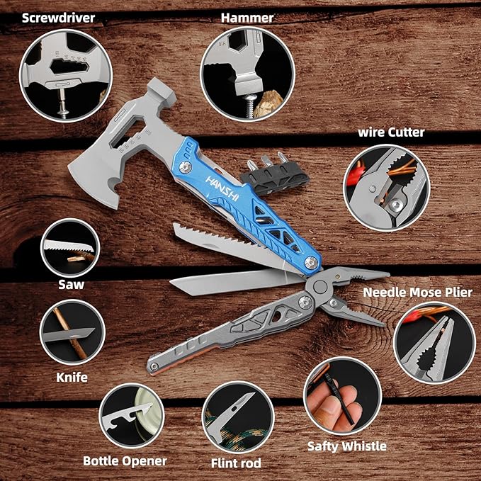 HANSHI Camping Axe Multitool with YG10 Tungsten Steel Replaceable Wire Cutters for Gift17 in 1 Multi Tool with Spring-Action PliersKnifeScrewdriverFlint RobSafty Whistle with Nylon Sheath (Blue)