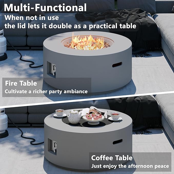 32 inch Round Propane Fire Table 50000 BTU Gas FirePit Patio Fire Pit Table with Steel Lid Rain Cover 10ft Propane Hose Lava Rocks Grey