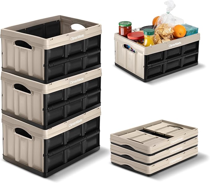 CleverMade Collapsible Storage Bins - Tan 3 Pack 32L - Stackable Containers Heavy Duty Capacity Folding Crates - Space-Saving for Home