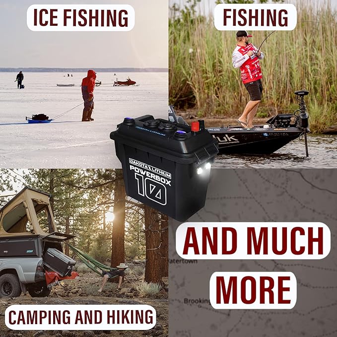 Dakota Lithium - Power Box with 12V 10Ah LiFePO4 Battery Included - 11 Year USA Warranty 2000+ Deep Cycle Battery Box with DC and USB Ports - Water/Shock Resistant - Camping Off Grid Marine Kayak