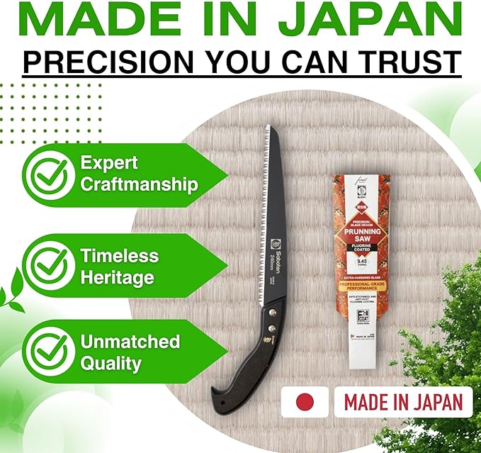 Saboten Japanese Pruning Saw 9.4 in (240mm) – Fluorine-Coated High-Carbon Steel Blade 7.5mm Tooth Pitch Smooth Pull Cuts Wooden Handle Wood Sheath Included Made in Japan