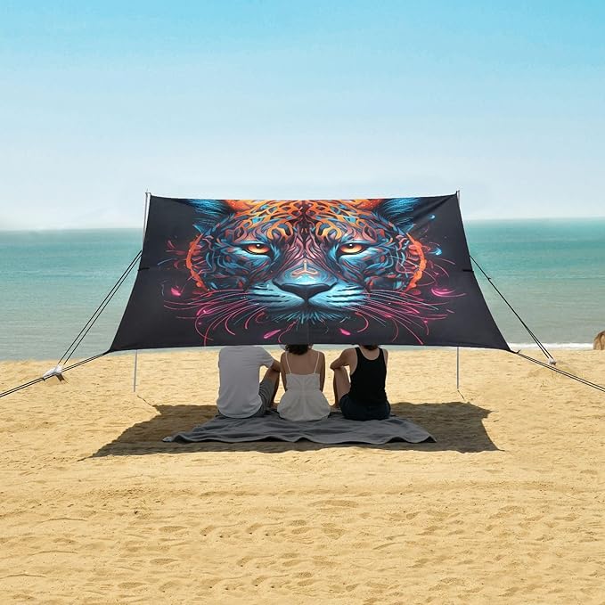 ALAZA Leopard Head Beach Tent Sun Shelter UPF50+ Protection Beach Shade Canopy w/ 4 Sandbags for Outdoor Camping Fishing Backyard Fun Picnic 10x9 ft