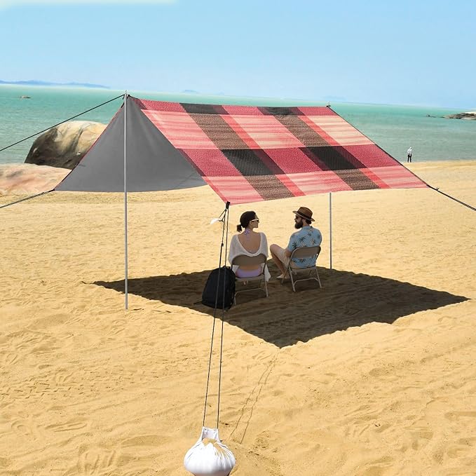 Coral Buffalo Plaid Check Tartan Scotland Stable Beach Tent UPF50 Waterproof Large Portable Sun Shelter with Sandbags &amp Sand Shovel for Camping Trips Fishing Backyard Fun or Picnics