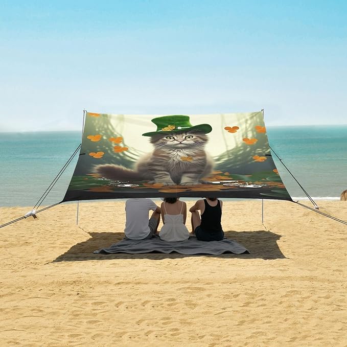 St Patrick's Day Leprechaun Cat Beach Tent Sun Shelter Set UPF50+ UV Protection 10.5 x 9.19 FT Camping Shade Canopy with Sandbags Sand Anchors Carrying Bag and Others