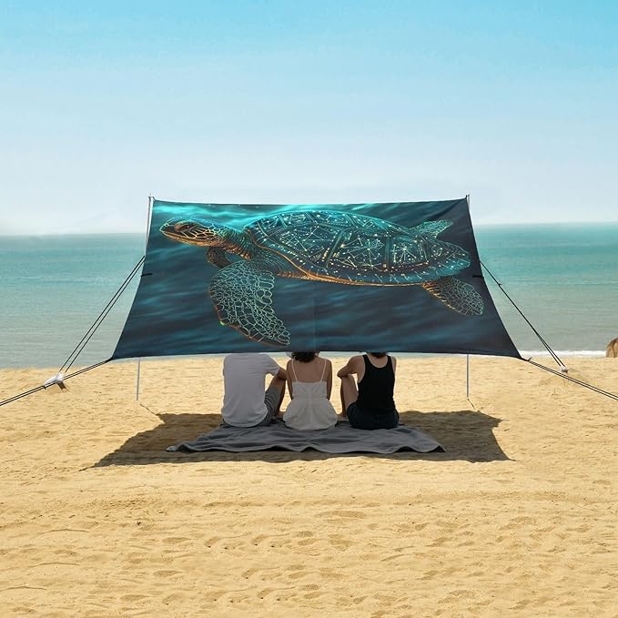 ALAZA Totem Tatto Sea Turtle Beach Tent Sun Shelter UPF50+ Protection Beach Shade Canopy w/ 4 Sandbags for Outdoor Camping Fishing Backyard Fun Picnic 10x9 ft