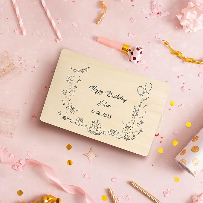 Creative Deco Personalized Wooden Storage Box Birthday Box | 11.8x7.87x5.51in (+-0.5) | Minimalistic Design | Hinged Lid Handles &amp Engraving | Birthday Gift Box | UNSANDED Keepsake Memory Souvenir