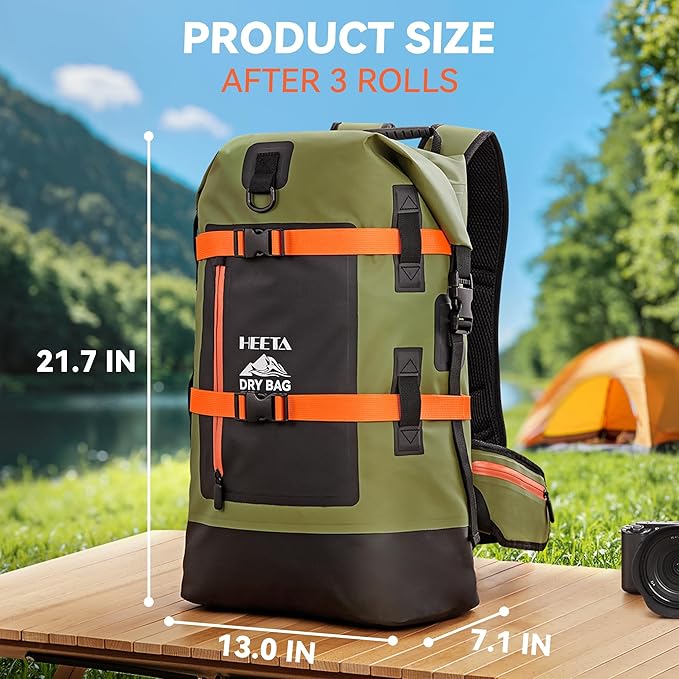 HEETA Dry Bags Waterproof Backpack 40L for Men &amp Women Roll Top Heavy Duty Cushioned Hiking Backpack for Kayaking Boating Paddle Boarding Fishing Travel Camping Beach Vacation Cruise Ship Essenti