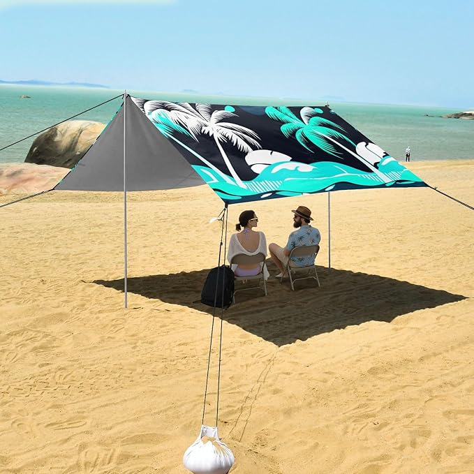 Beach Canopy with Windproof Ropes &amp Sandbags Beach Tent Sun Shade Sun Shelter for Camping Trips Fishing Backyard Fun or Picnics Palm Tree