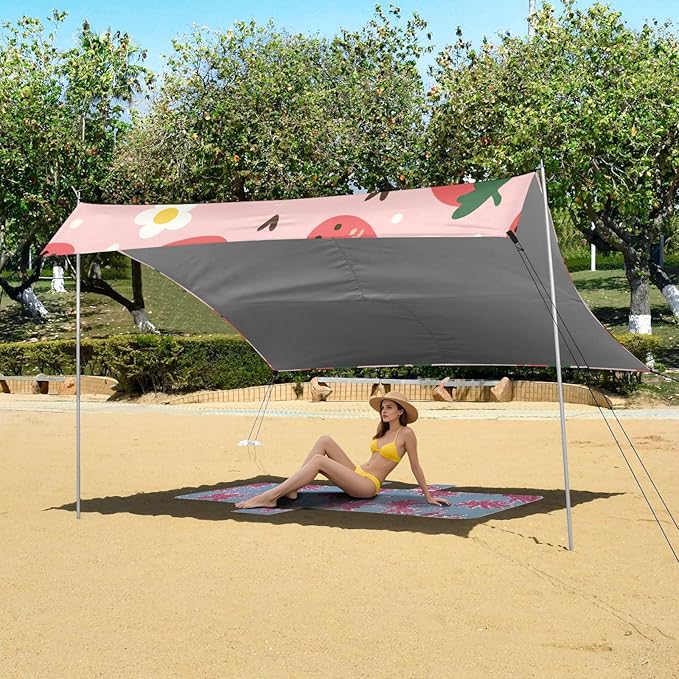 Strawberry and Daisy Beach Tent Sun Shelter Set UPF50+ UV Protection 10.5 x 9.19 FT Camping Shade Canopy with Sandbags Sand Anchors Carrying Bag and Others